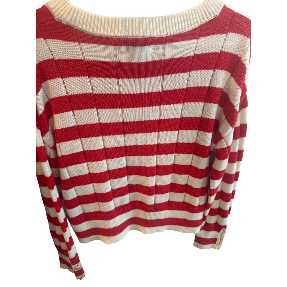 Evereve Red White Striped Knit Sweater Gold Crest Button Cuff Women Medium